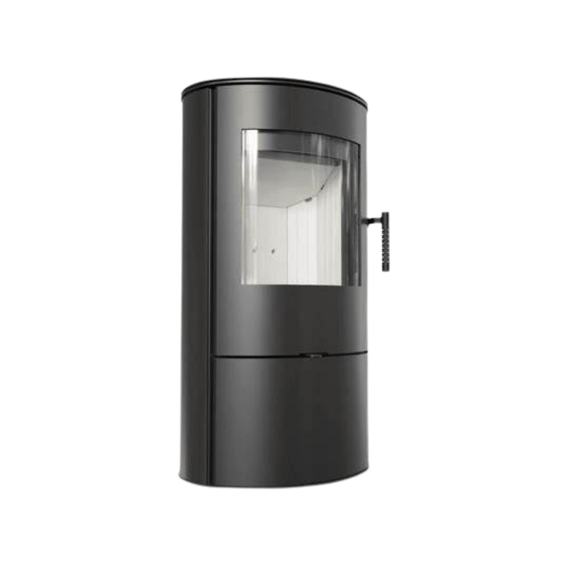 A black freestanding wood-burning fireplace with a visible curved glass door and a flue pipe on the side.