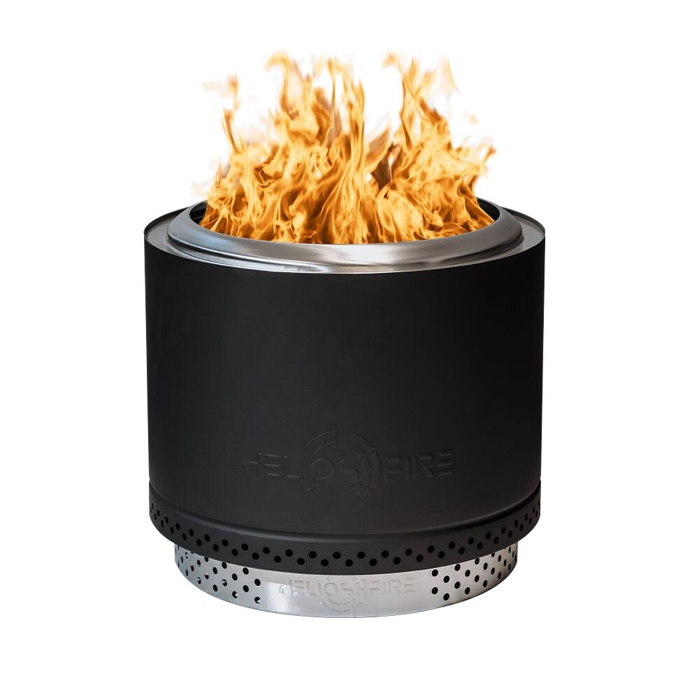 Black portable fire pit with flames on a white background