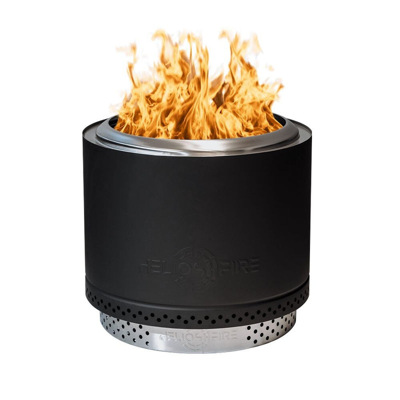Black portable fire pit with flames on a white background