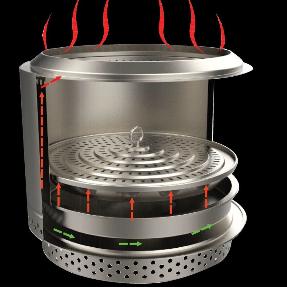 Stainless steel barbecue grill with heat indicator graphics on a black background