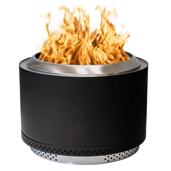 Black portable fire pit with flames on a white background