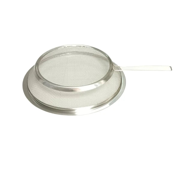 Metal strainer on a white background