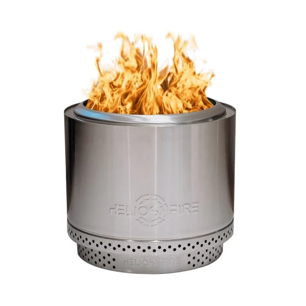Metal fire pit with flames on a white background