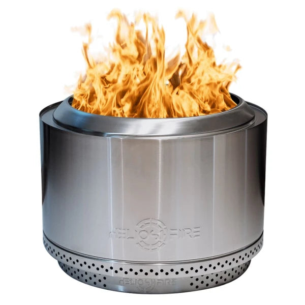 Stainless steel fire pit with flames on a white background
