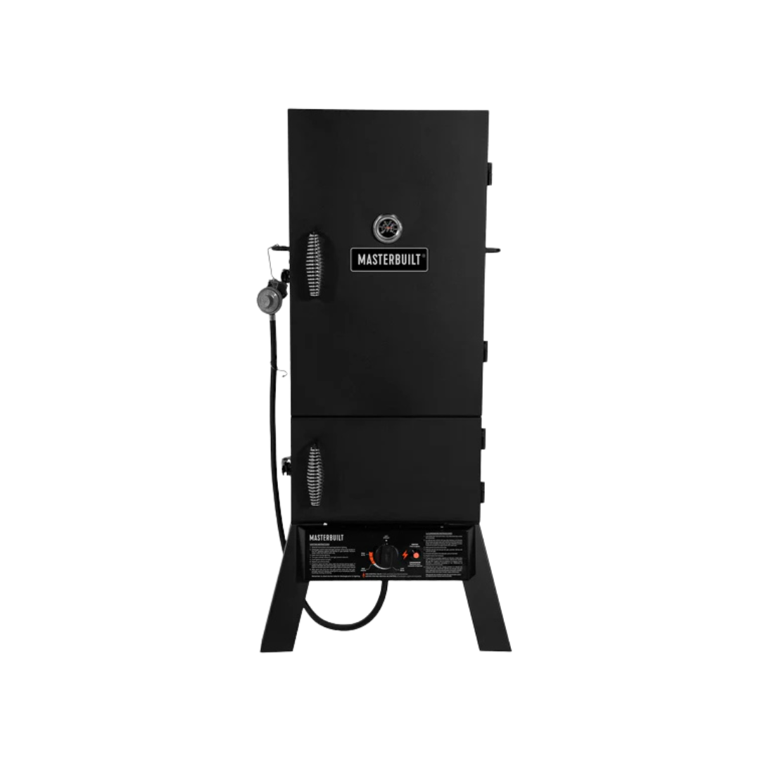A black vertical MASTERBUILT dual fuel smoker with a digital temperature display, two doors, and a front handle.