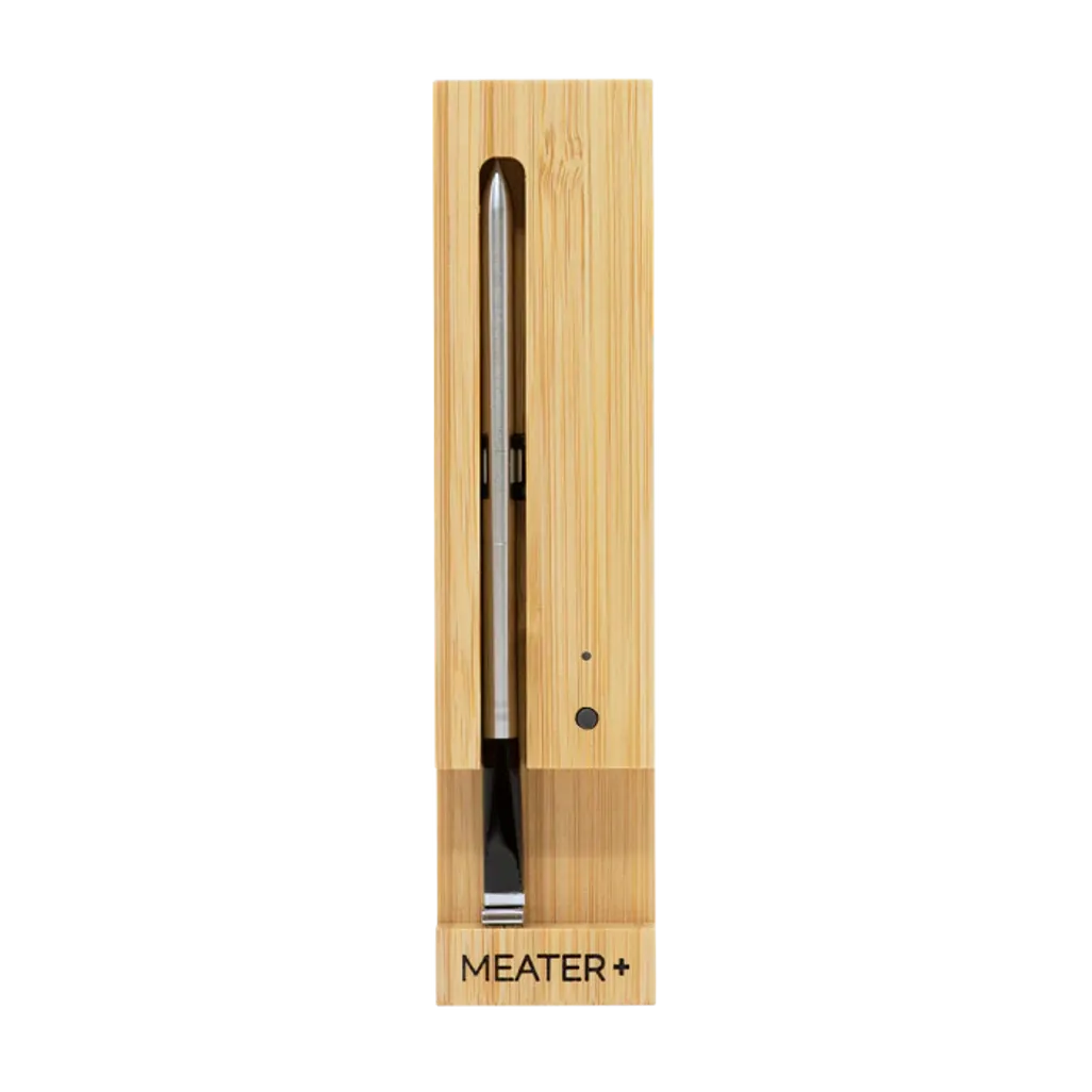 Meater+ meat thermometer in a wooden packaging on a white background