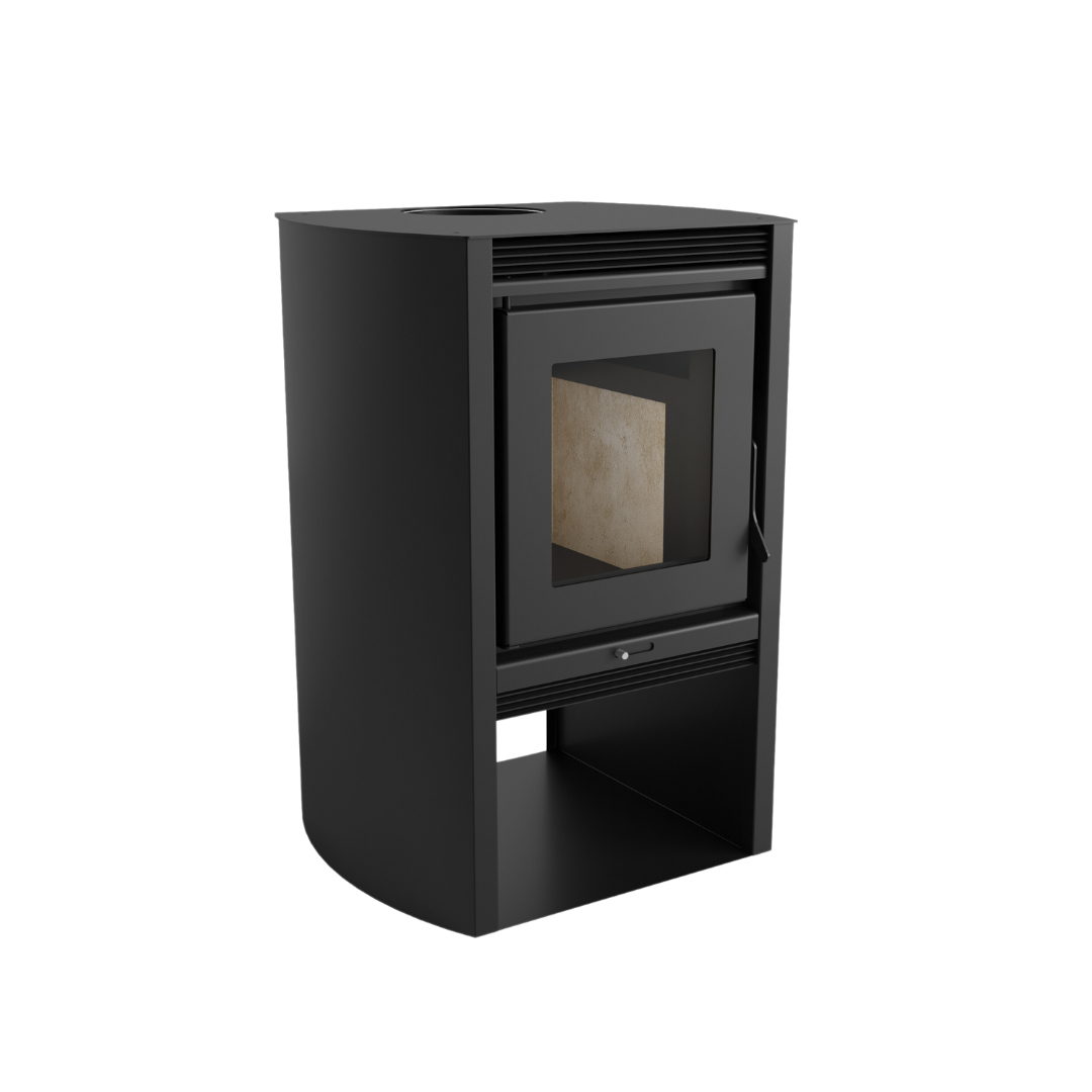 A black freestanding electric fireplace with a visible heating element and flue.