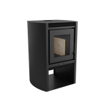 A black freestanding electric fireplace with a visible heating element and flue.