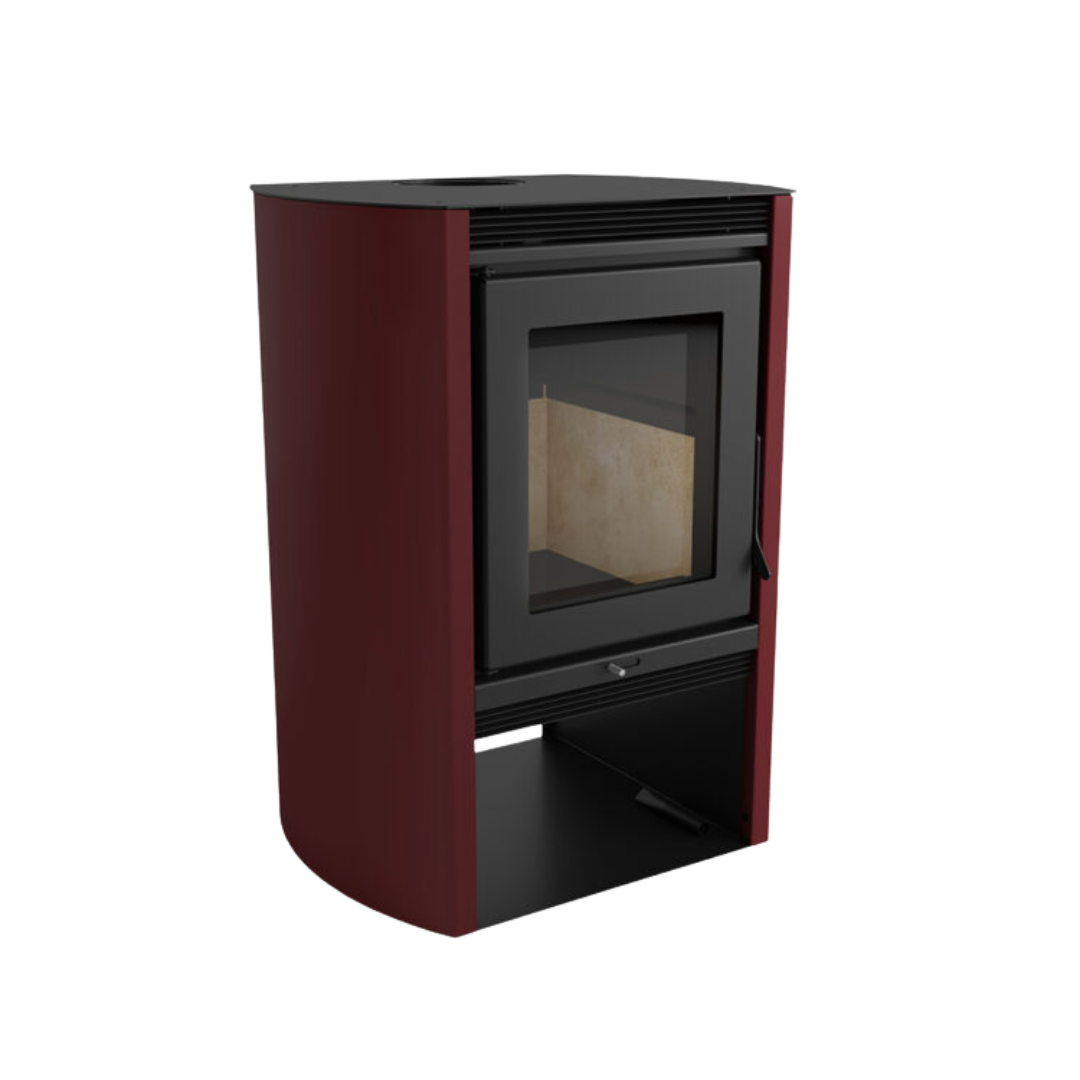 A graphite red freestanding electric fireplace with a visible heating element and flue.
