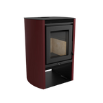 A graphite red freestanding electric fireplace with a visible heating element and flue.
