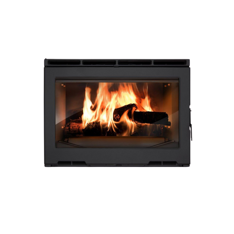 A black insert fireplace with a visible flue connection on the top right side, featuring a color-coded frame and a fire burning inside.