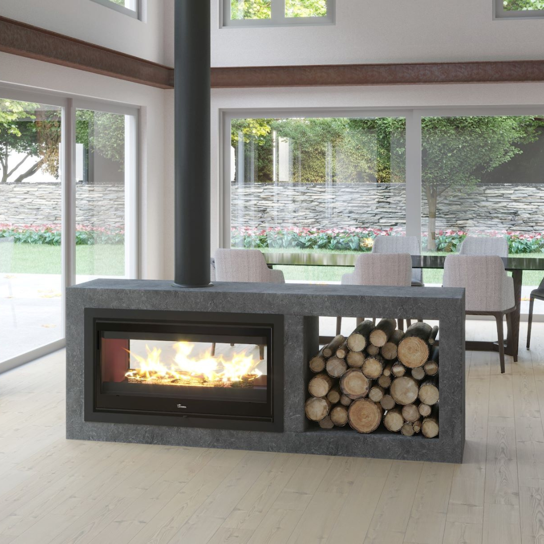 Infiniti Nickel 1000 gas fireplace in a modern lounge, clean linear flame.