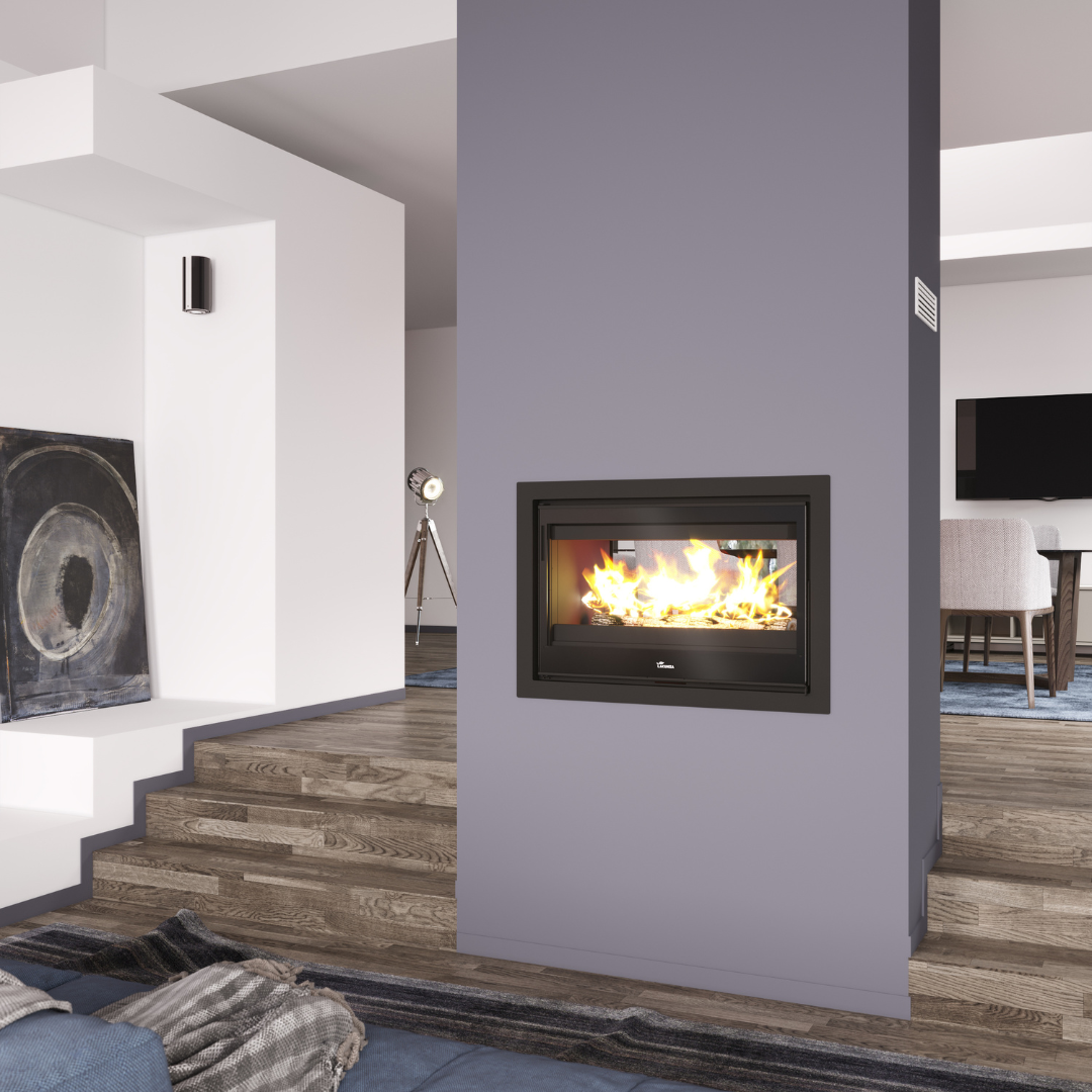 Lifestyle view of modern nickel 800 double-sided fireplace