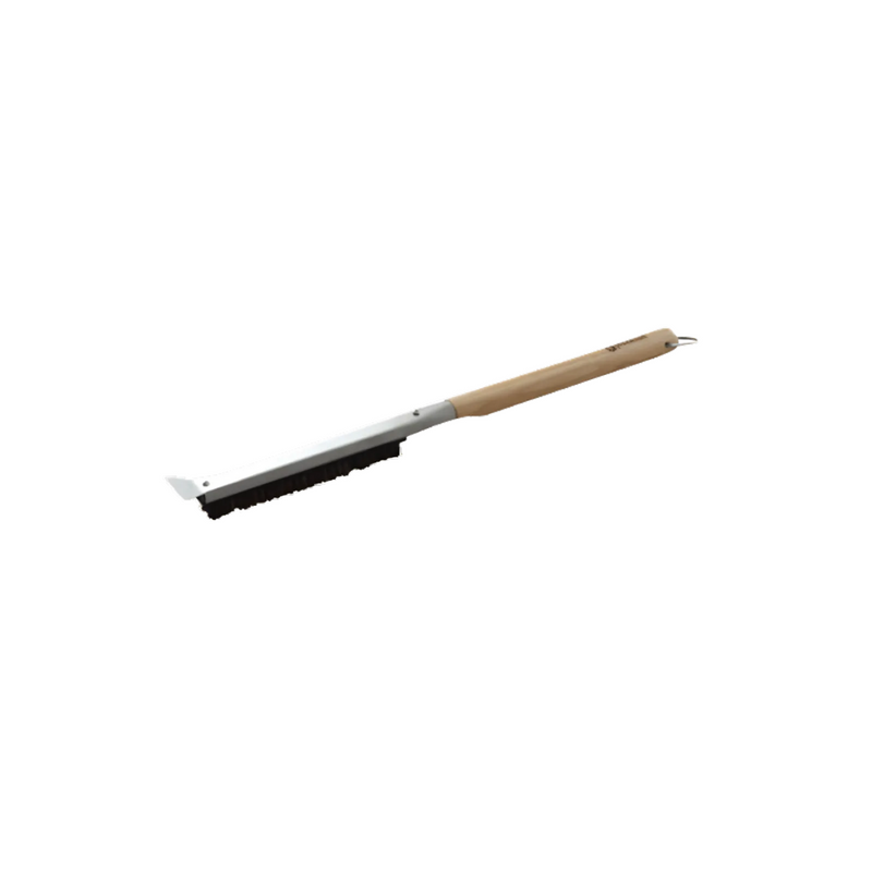 A pizza stone brush with a wooden handle and metal bristles.