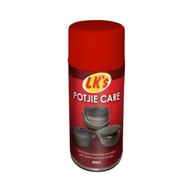 A red can of POTJIE CARE spray with a label featuring an image of a potjie pot. The can is 400ml in size.
