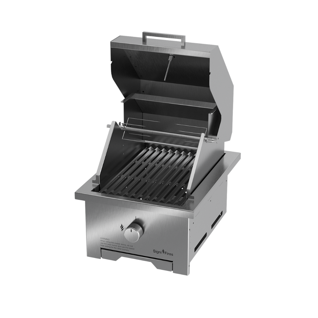 A built-in stainless steel braai grill with a closed lid, set against a white background.