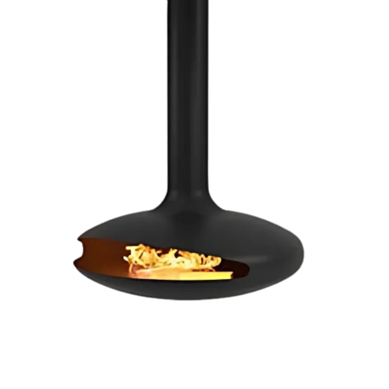 A black, wall-mounted fireplace with a visible fire and flames, against a dark background.