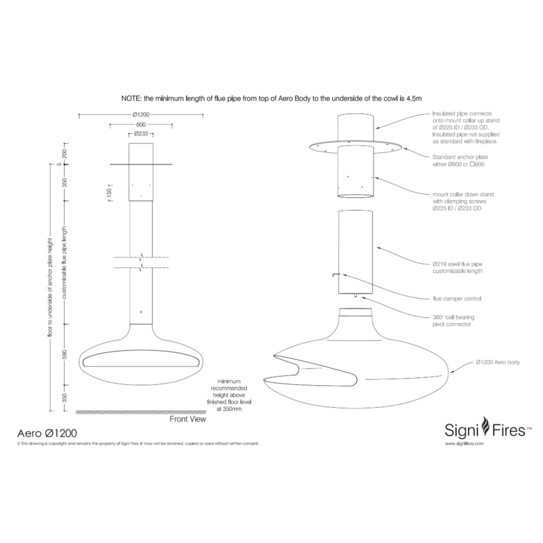 Signi Fires Aero fire pit diagram, dimensions and specs