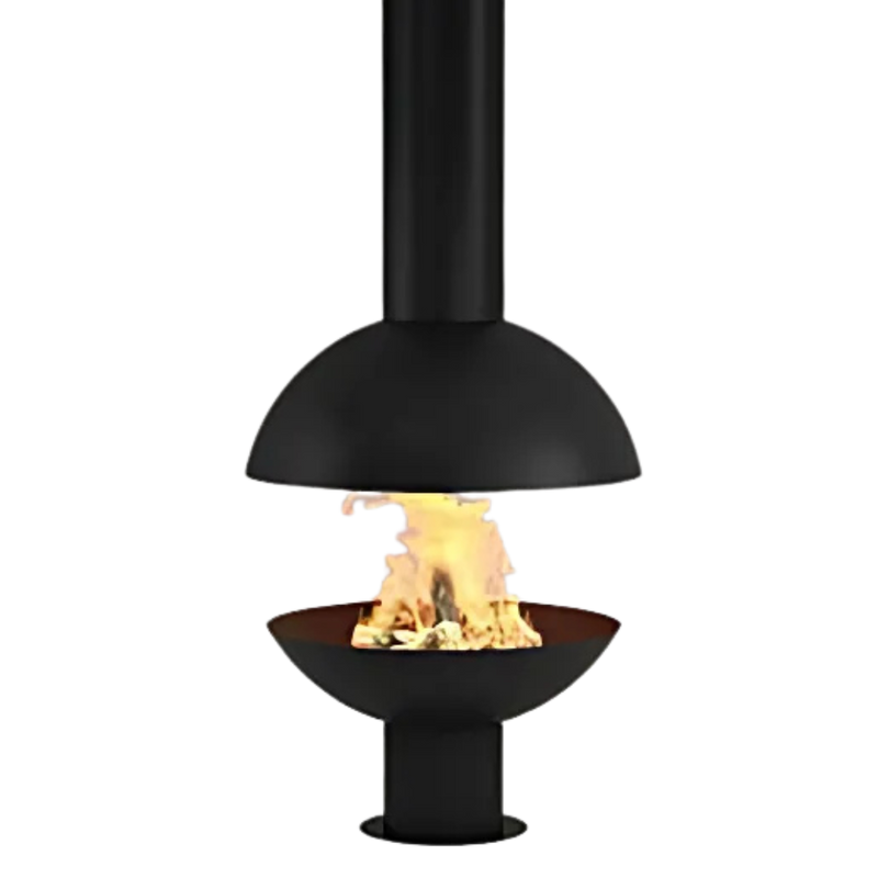 A black outdoor hanging fireplace with a spherical shape and a visible fire inside.