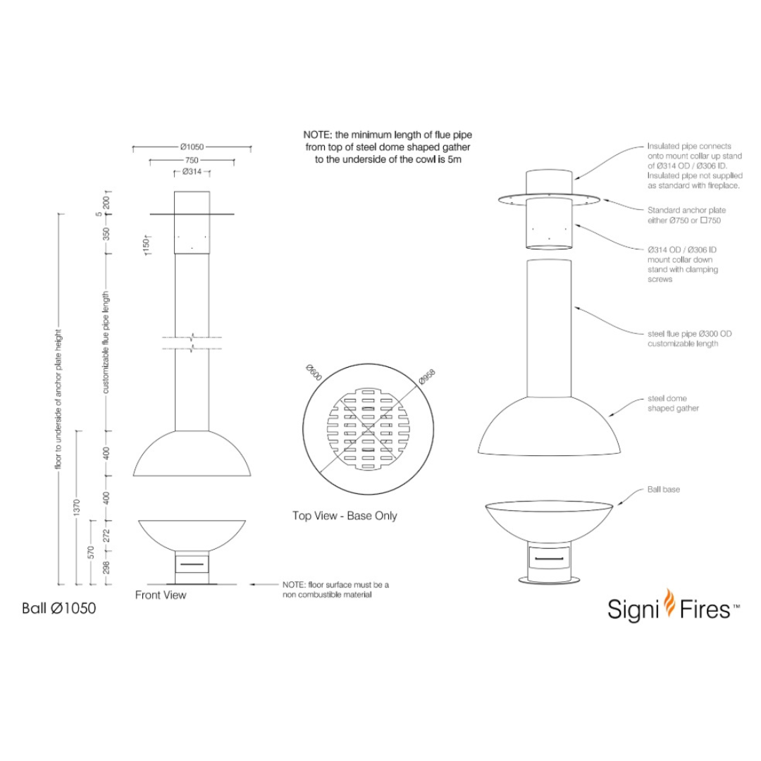 Signi Fires Ball gas fireplace diagram with dimensions and parts labels