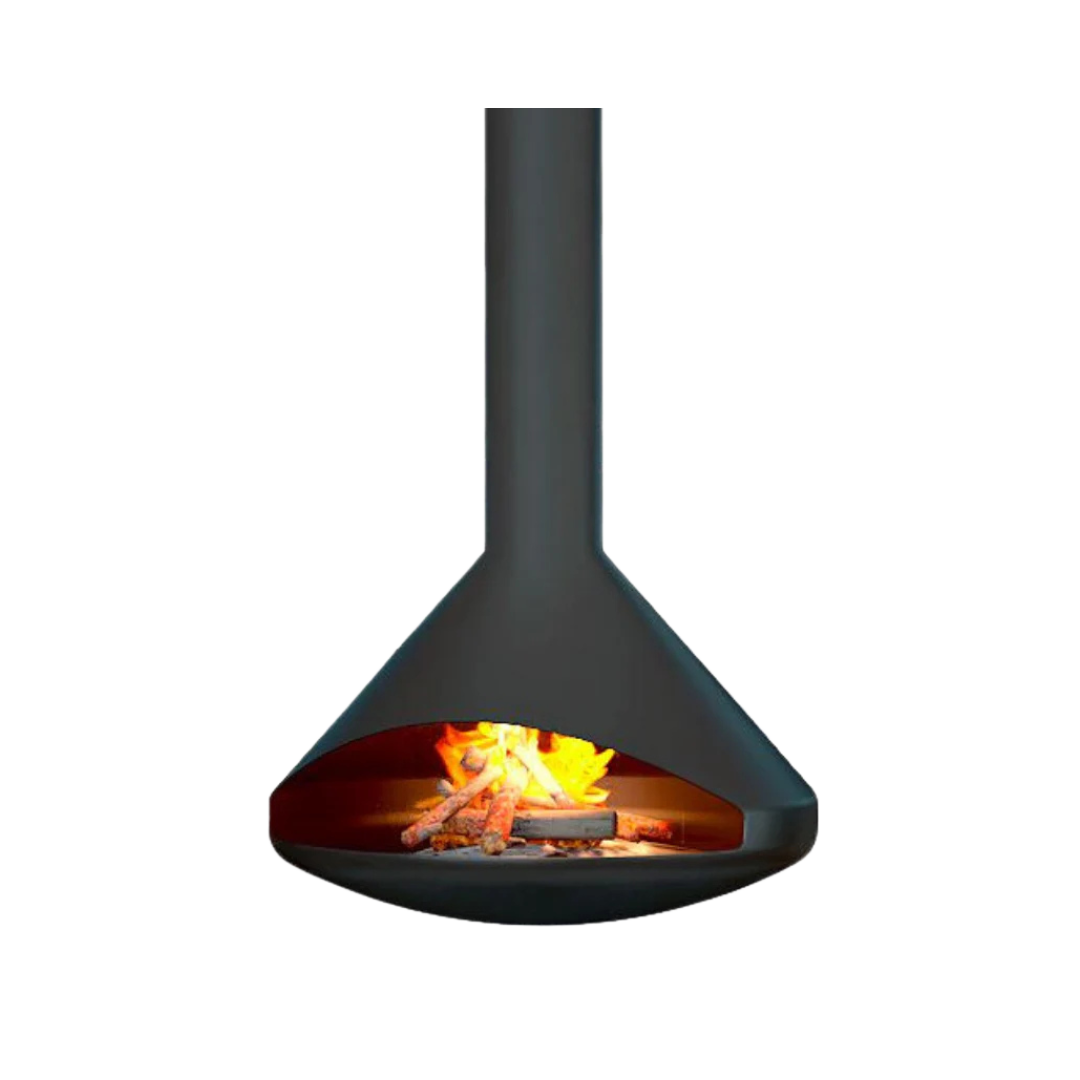 A freestanding black cone-shaped fireplace with visible flames inside.