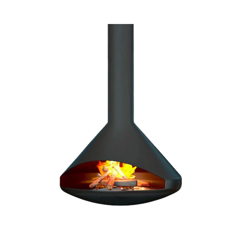 A freestanding black cone-shaped fireplace with visible flames inside.
