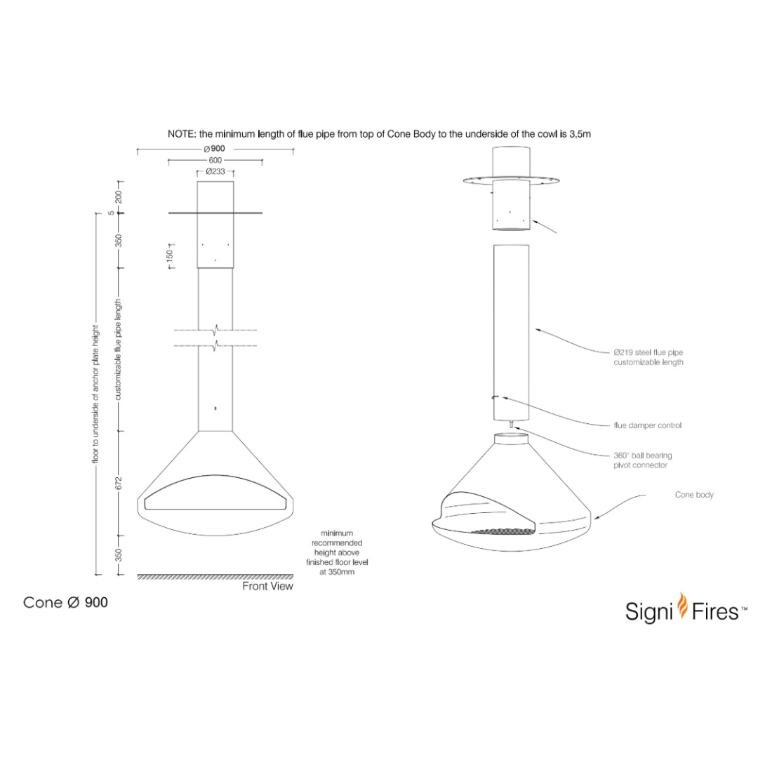 Signi Fires Cone suspended fireplace diagram with dimensions and installation clearances