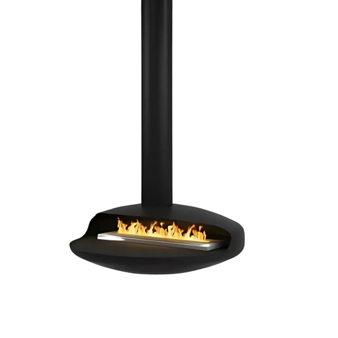 A black, wall-mounted bio-ethanol fireplace with a visible fire compartment.