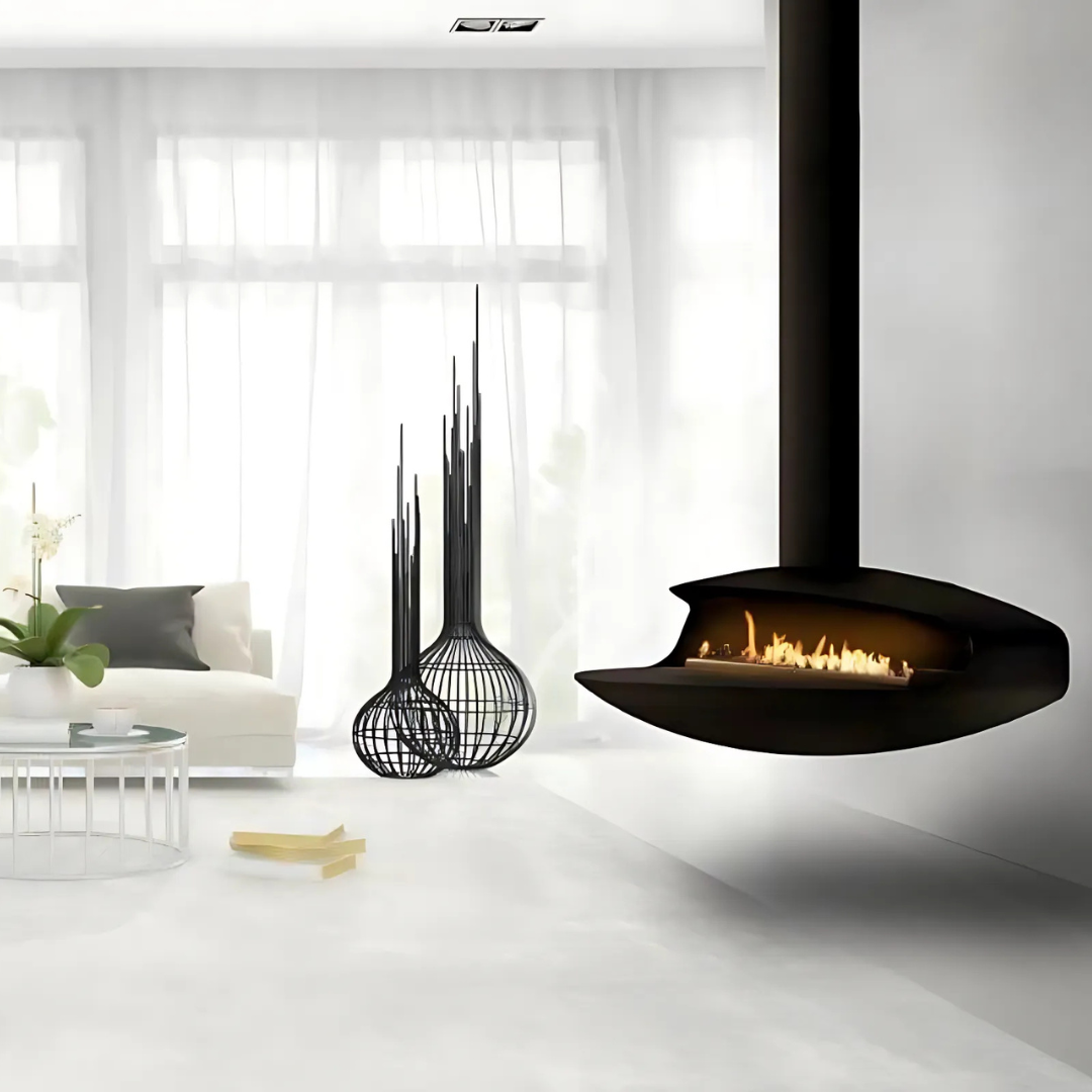 Signi Fires Float suspended fireplace in a modern interior, lifestyle image