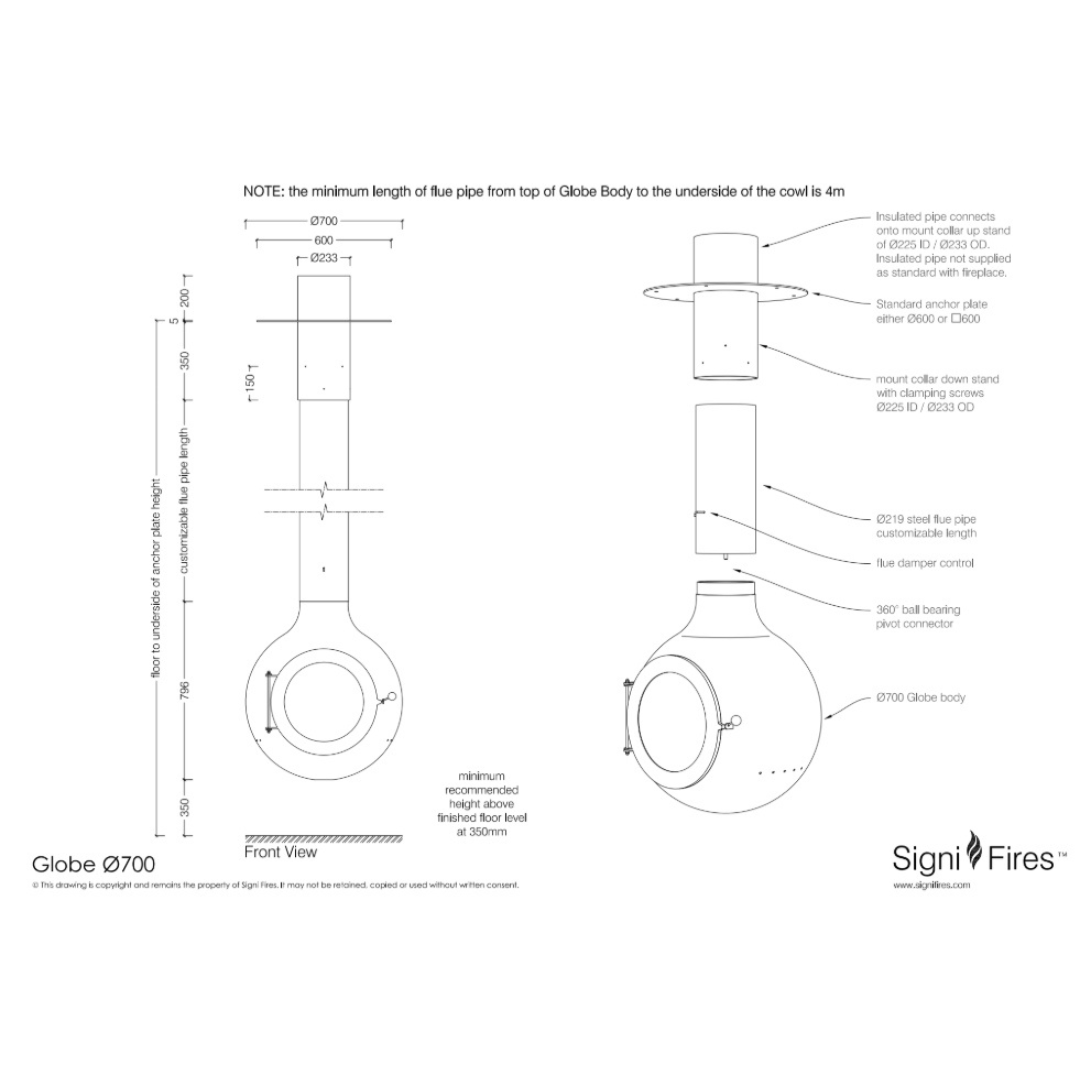 Signi Fires Globe fire pit diagram with dimensions and assembly details for accurate planning.