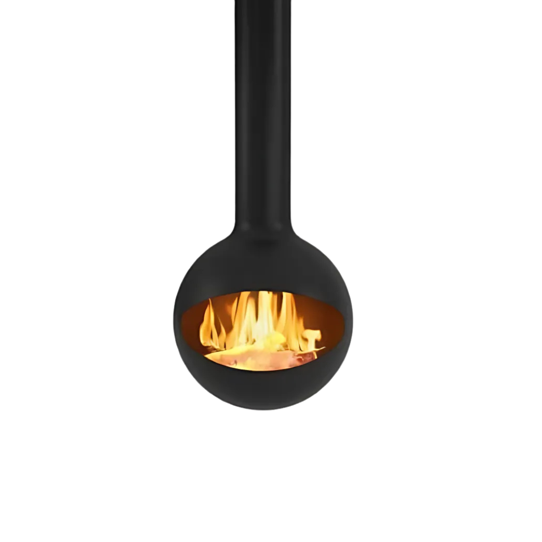 A black, hanging fireplace with visible flames, designed to be mounted and pivoting 360 degrees.