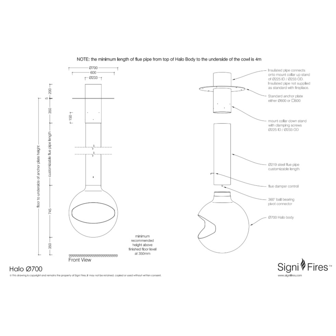 Signi Fires Halo gas fireplace diagram with dimensions and parts callouts