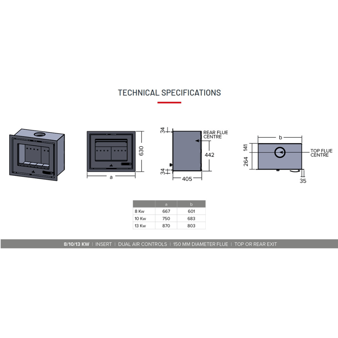 Single-sided insert wood fireplace technical diagram