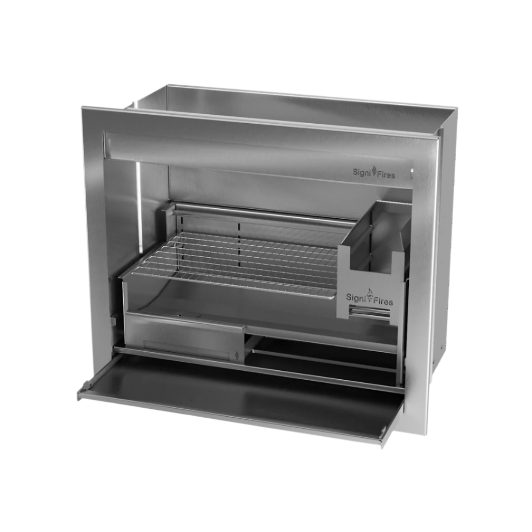 A built-in stainless steel braai (grill) with sliding doors and mesh grill.