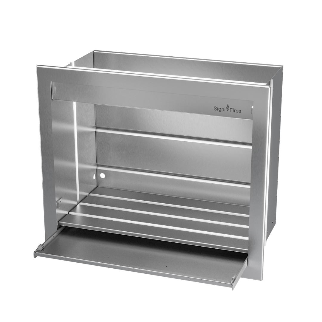 A built-in stainless steel wood braai (barbecue) with a sliding door and mesh grill.