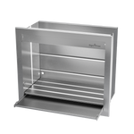 A built-in stainless steel wood braai (barbecue) with a sliding door and mesh grill.