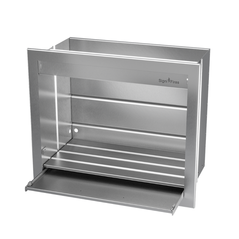 A built-in stainless steel wood braai (barbecue) with a sliding door and mesh grill.