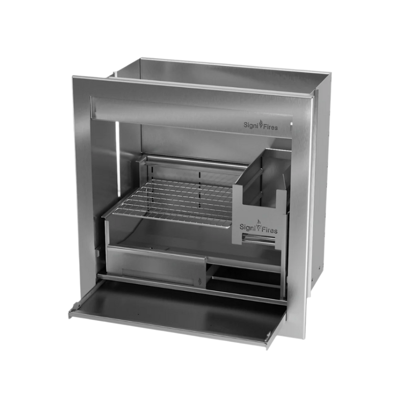 A built-in stainless steel wood braai (barbecue) with a sliding door and visible ash tray.