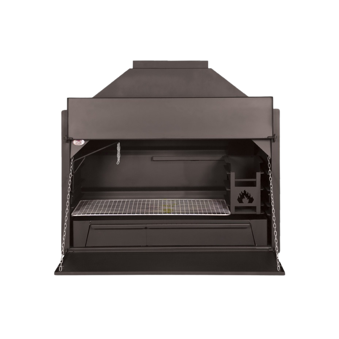 A black built-in braai with a viewing window and a stainless steel ash disposal trap.