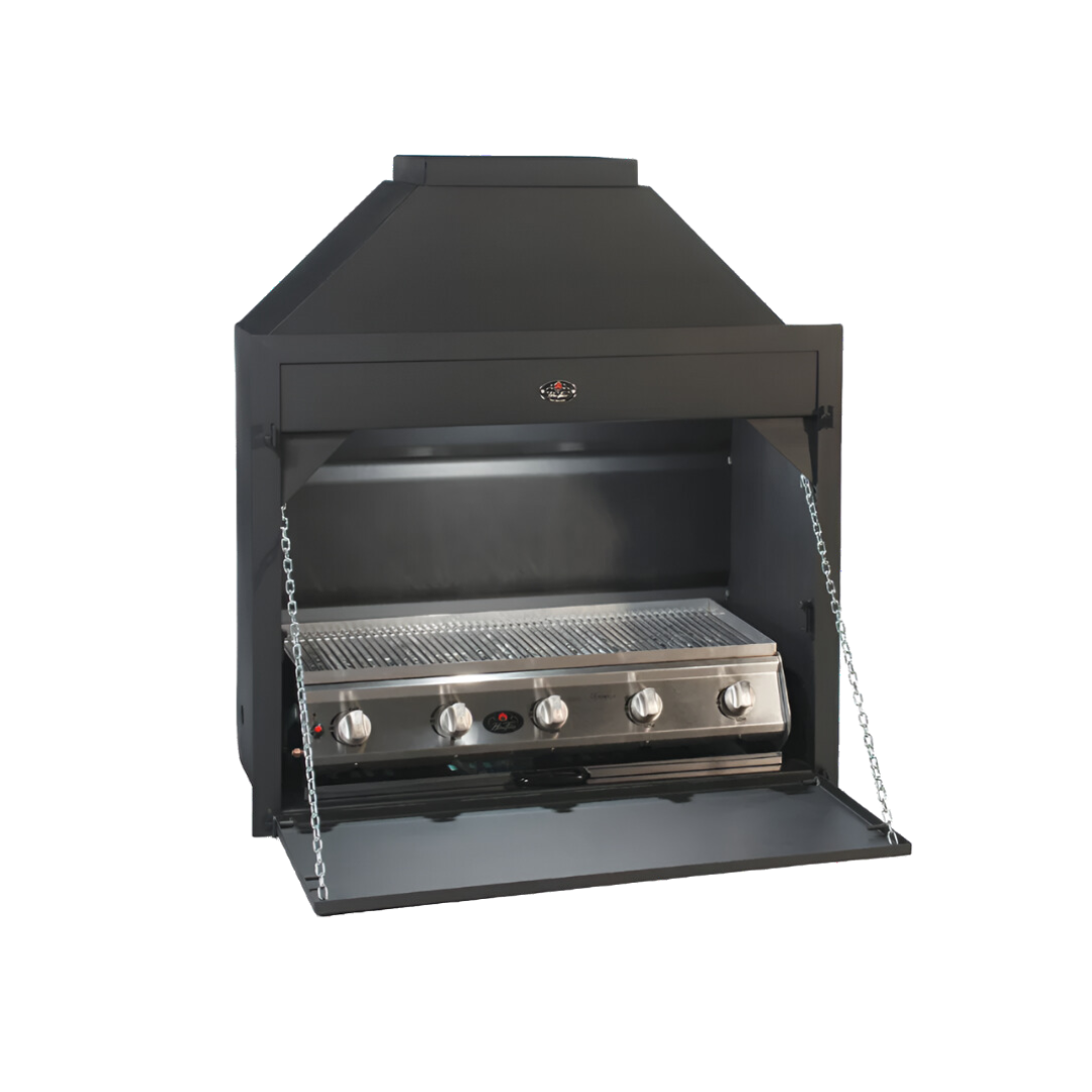A black built-in gas braai with a 5 burner flat top grill, featuring top and bottom doors and a light fitting.