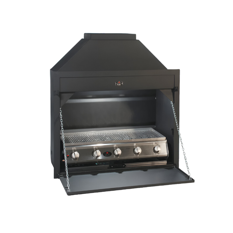 A black built-in gas braai with a 5 burner flat top grill, featuring top and bottom doors and a light fitting.