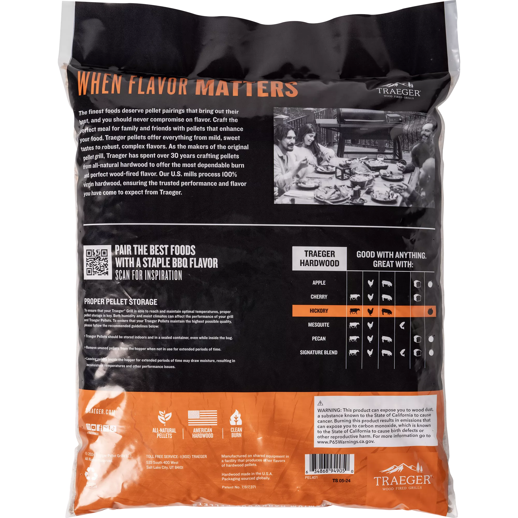 Back view of a Traeger branded product packaging with text and branding.