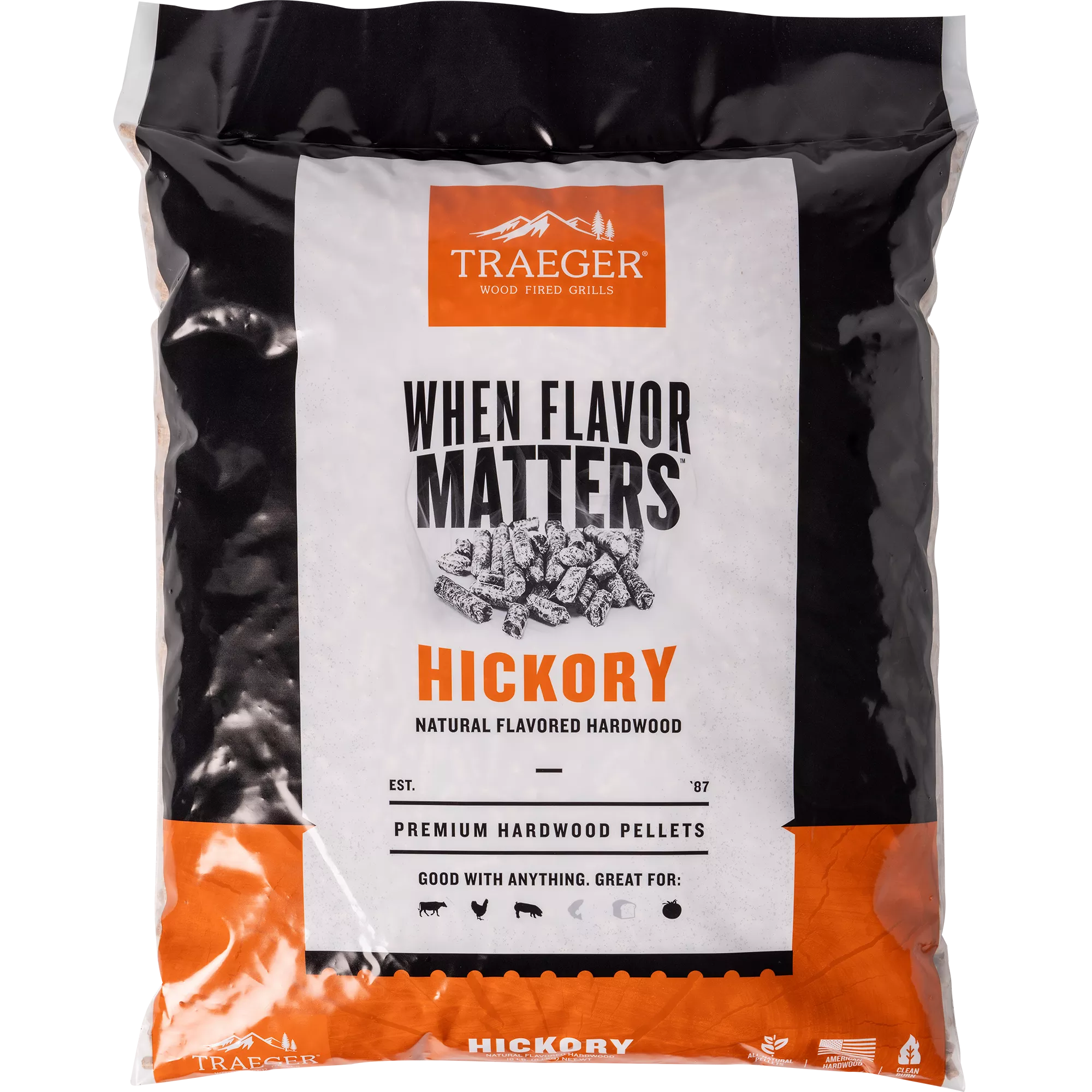Traeger Hickory hardwood pellets packaging on a white background
