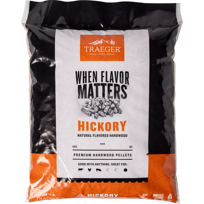 Traeger Hickory hardwood pellets packaging on a white background