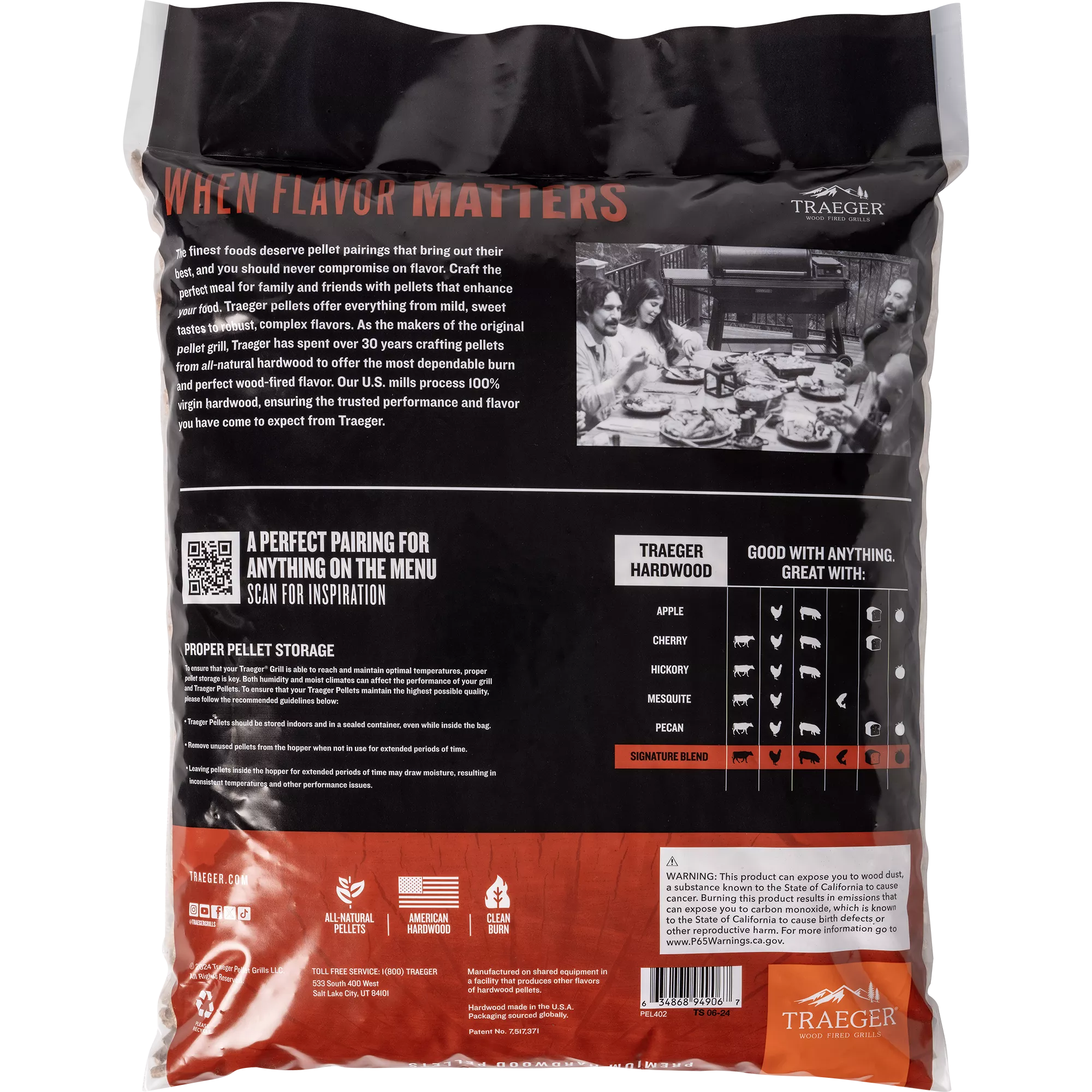 Traeger pellet packaging with branding and product details on a white background