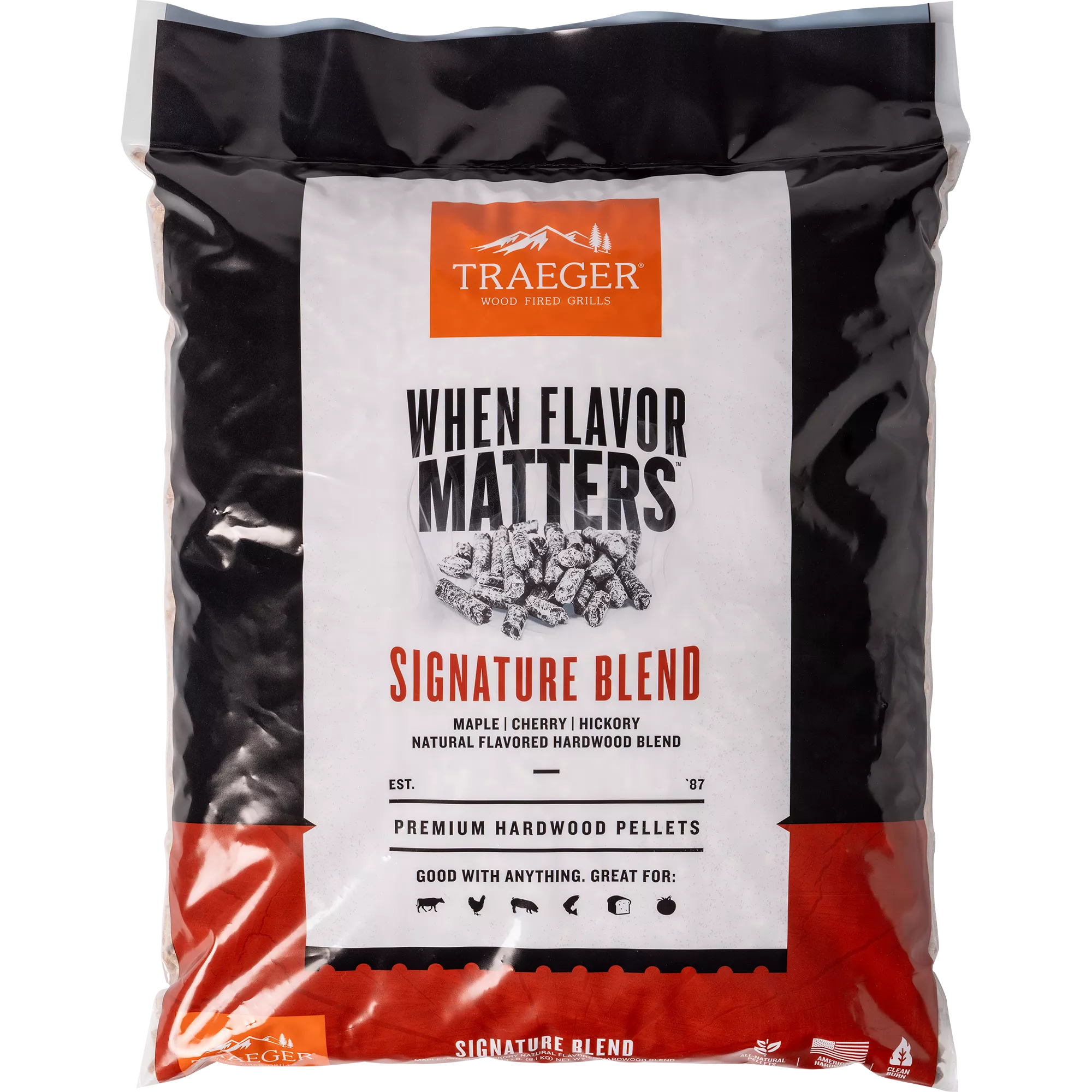 Traeger Signature Blend hardwood pellets packaging on a white background