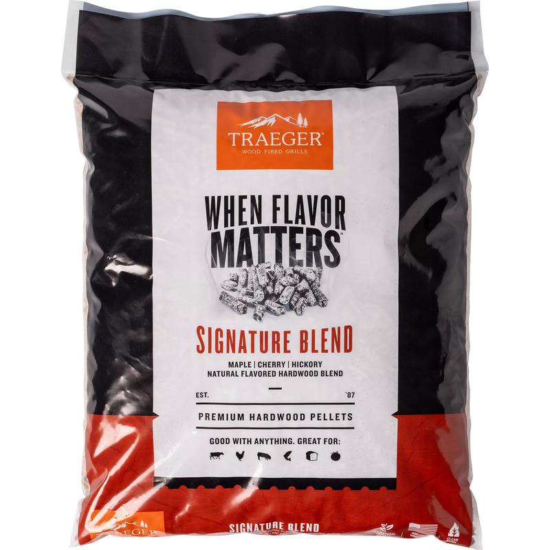 Traeger Signature Blend hardwood pellets packaging on a white background