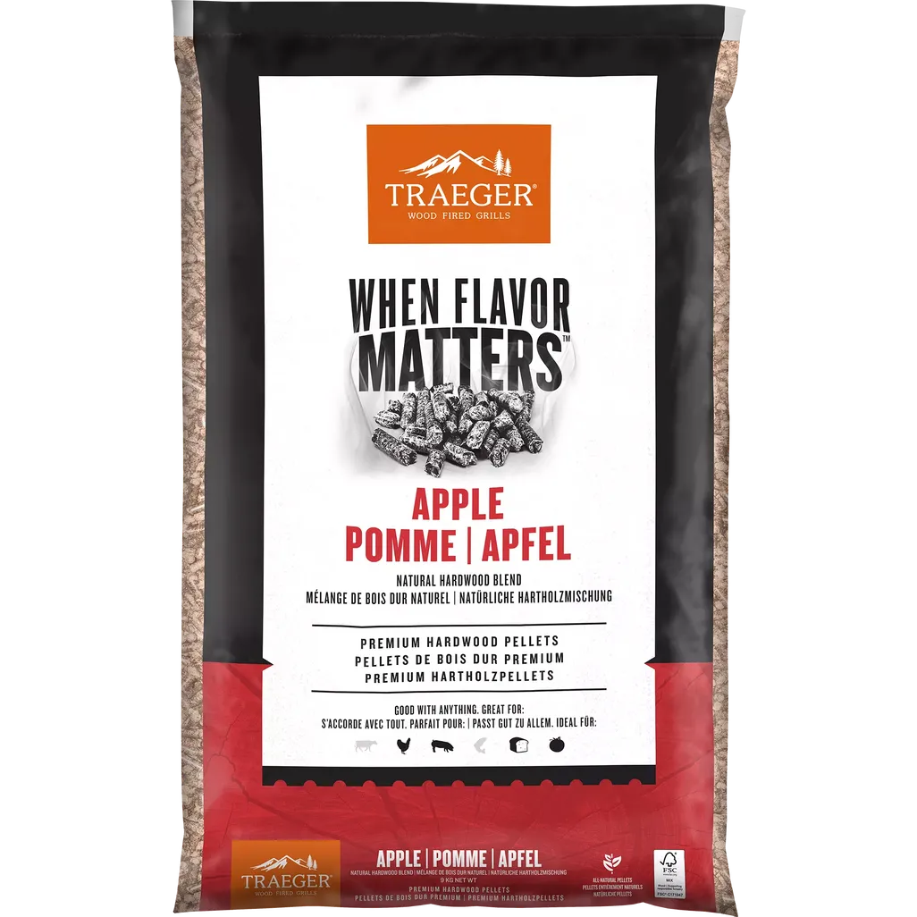 Traeger Apple wood pellets packaging with branding and product details.
