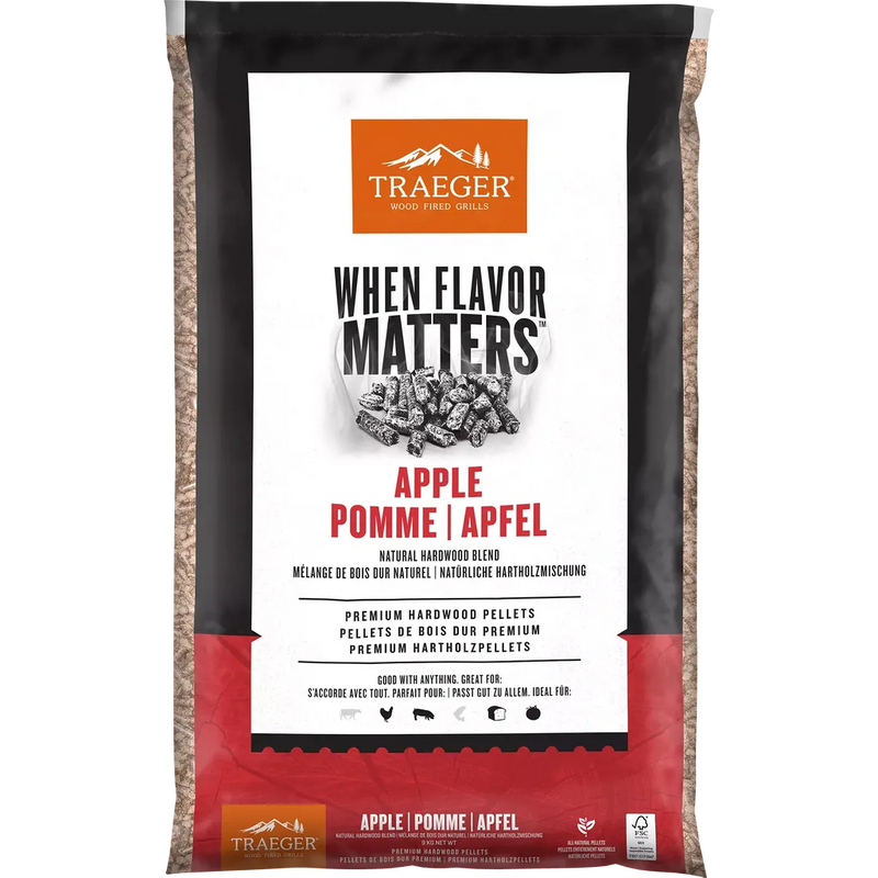 Traeger Apple wood pellets packaging with branding and product details.