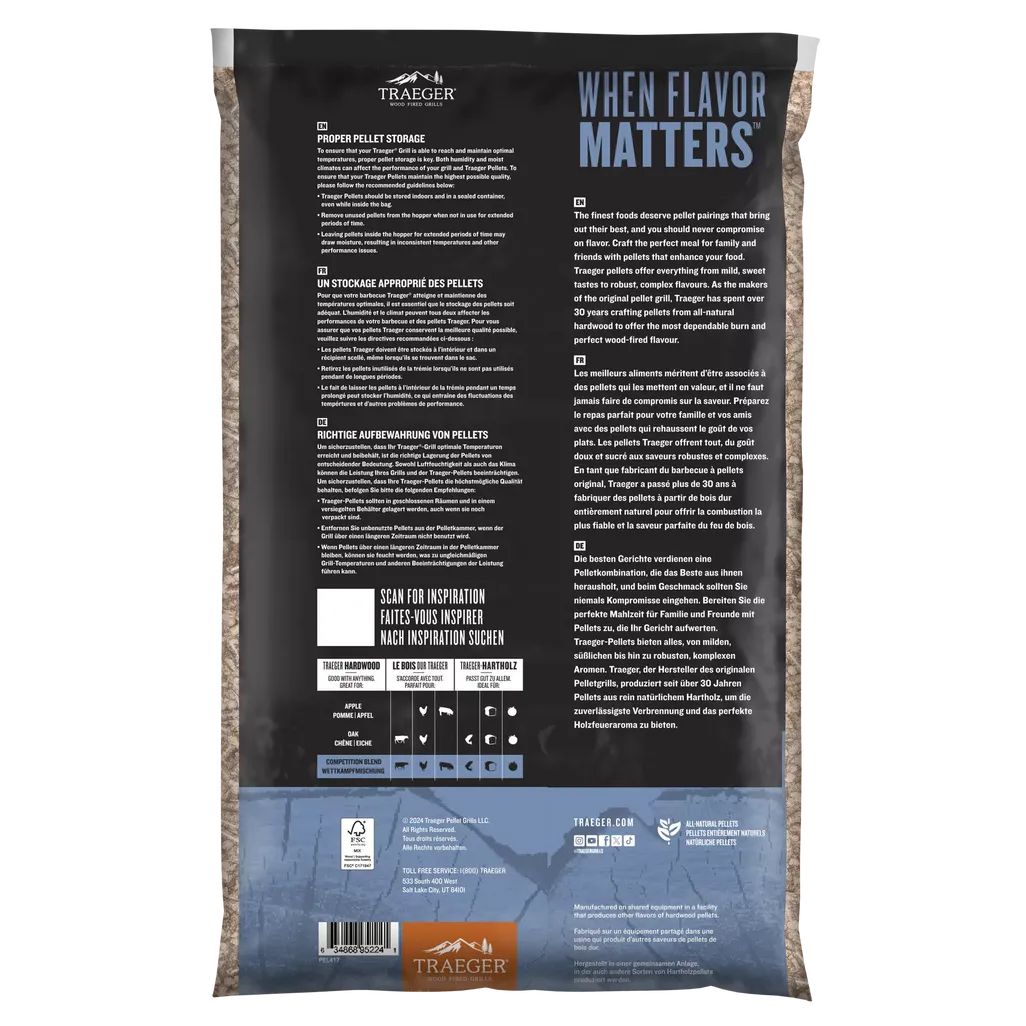 Back view of a Traeger wood pellet package with text and branding.